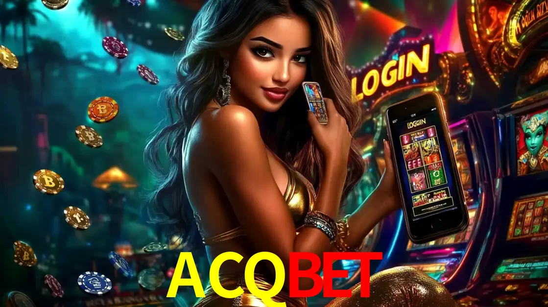 Mulher em um cenário de cassino temático de aventura, mostrando o app de caça-níqueis da ACQBET no celular. Fichas de apostas flutuam ao redor.