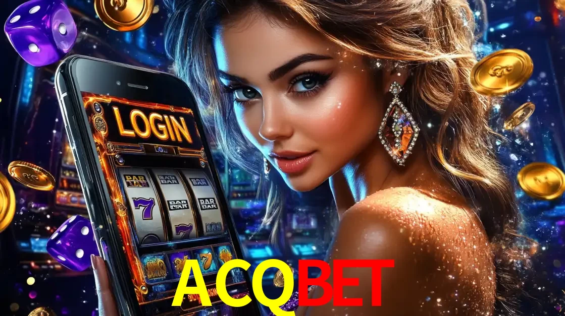 Mulher glamorosa segurando um smartphone com a tela de login para os jogos de caça-níqueis do cassino online ACQBET, com moedas de ouro e dados ao redor.