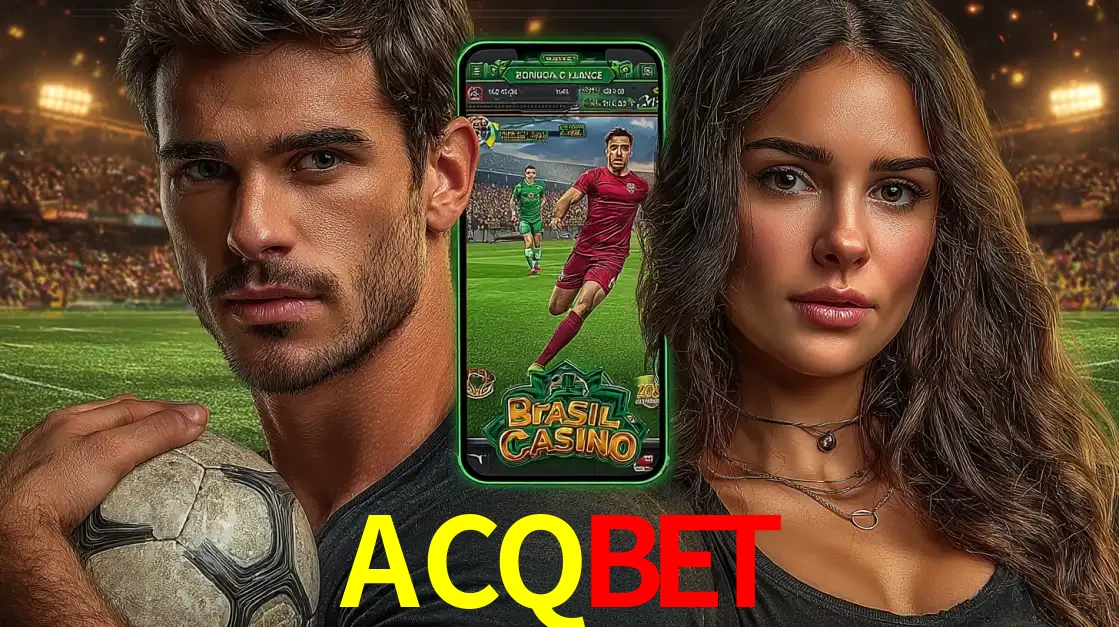Homem segurando uma bola de futebol e uma mulher ao lado de um smartphone exibindo o jogo de apostas esportivas da ACQBET. Faça seu palpite no cassino online.